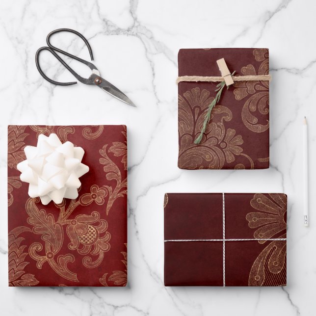 Burgundy Red and Gold Damask Christmas Wrapping Paper Sheets (Front)