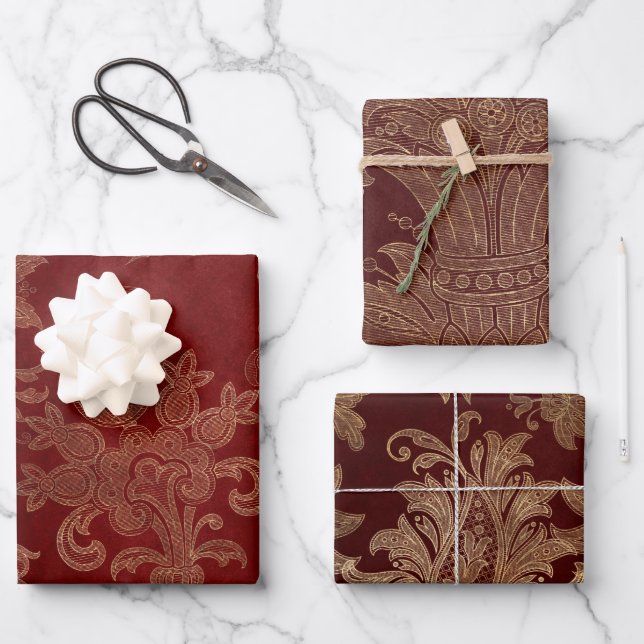 Burgundy Red and Gold Damask Wrapping Paper Sheets (Front)