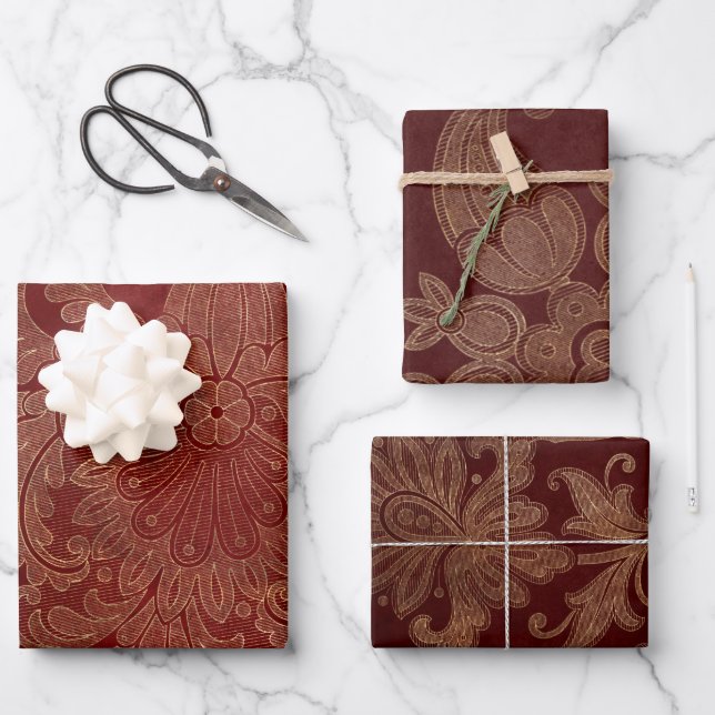 Burgundy Red and Gold Damask Wrapping Paper Sheets (Front)