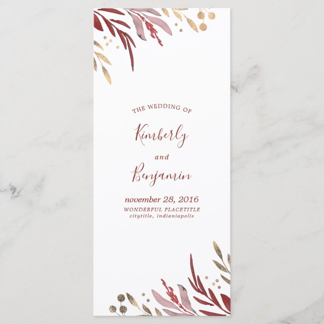 Burgundy Red and Gold Elegant Wedding Programs (Front)