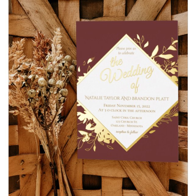 Burgundy Red And Gold Fall Wedding  Foil Invitation (Creator Uploaded)