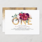 Burgundy Red and Gold Floral 1st Birthday Invitation (Front/Back)