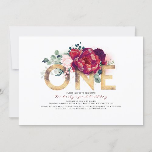 Burgundy Red and Gold Floral 1st Birthday Invitation