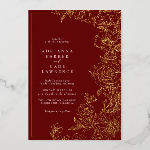 Burgundy Red and Gold Floral  Elegant Wedding Foil Invitation
