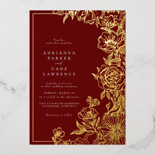 Burgundy Red and Gold Floral | Elegant Wedding Foil Invitation (Front)