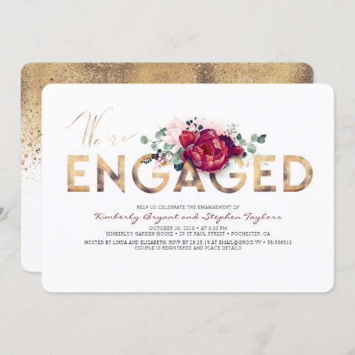 Burgundy Red and Gold Floral Engagement Party Invitation