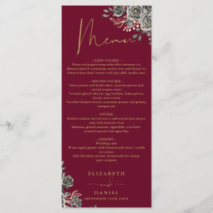 Burgundy Red And Gold Floral Gothic Wedding Dinner Menu