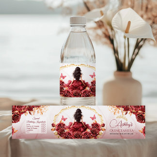 Burgundy Red and Gold Floral Roses Water Bottle Label