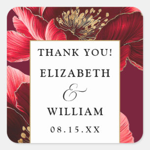 Burgundy Red And Gold Floral Thank You Favor Square Sticker