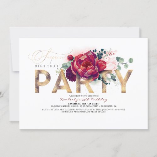 Burgundy Red and Gold Floral Type Surprise Party Invitation
