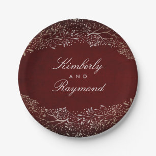 Burgundy Red and Gold Floral Vintage Wedding Paper Plates