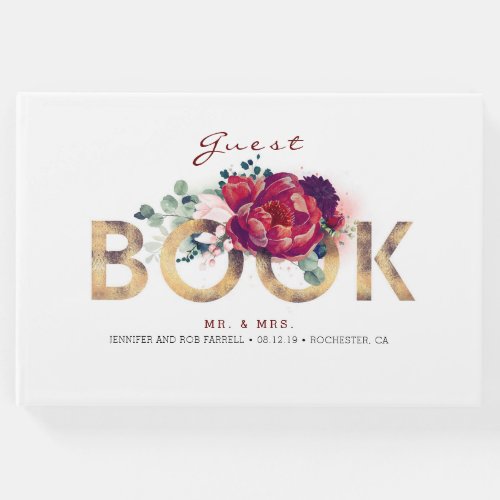 Burgundy Red and Gold Floral Wedding Guest Book