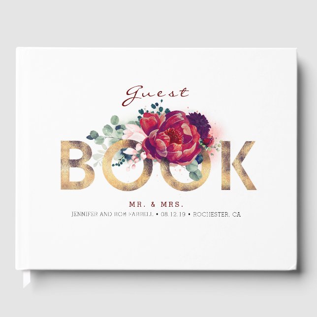 Burgundy Red and Gold Floral Wedding Guest Book (Front)
