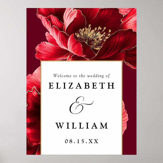 Burgundy Red And Gold Floral Wedding Welcome Sign (Front)