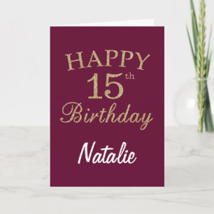 Burgundy Red and Gold Glitter 15th Birthday Card