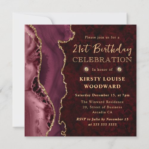 Burgundy Red and Gold Glitter Agate 21st Birthday Invitation