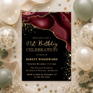 Burgundy Red and Gold Glitter Agate 21st Birthday Invitation