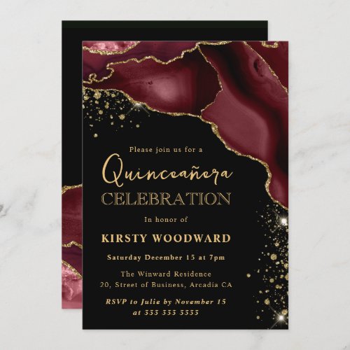 Burgundy Red and Gold Glitter Agate Quinceanera Invitation