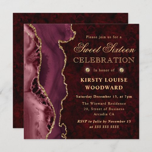 Burgundy Red and Gold Glitter Agate Sweet Sixteen Invitation