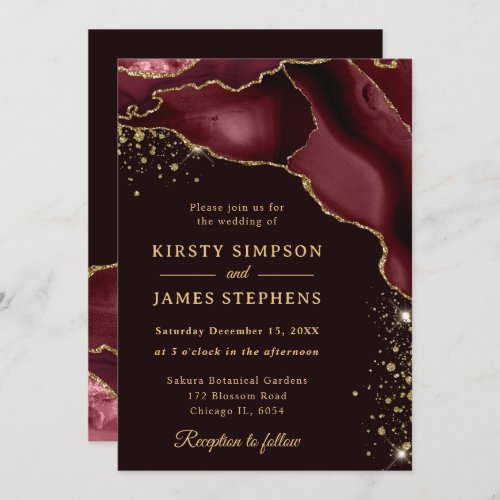 Burgundy Red and Gold Glitter Agate Wedding Invitation