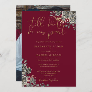 Burgundy Red And Gold Gothic Floral Photo Wedding Invitation