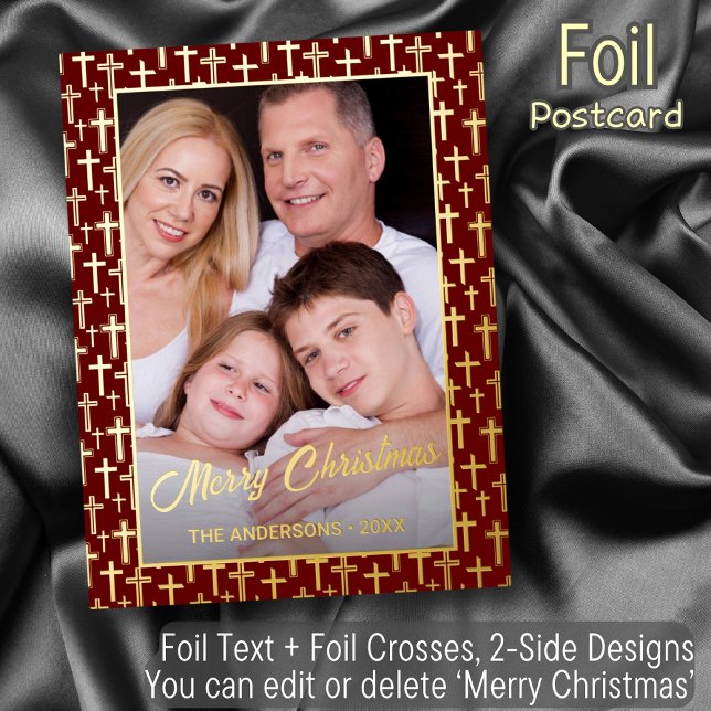 Burgundy Red and Gold Holly Cross Photo Frame Text Foil Holiday Postcard (Creator Uploaded)