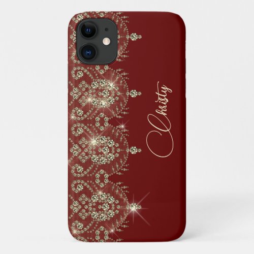 Burgundy red and gold lace elegant sparkle  iPhone 11 case