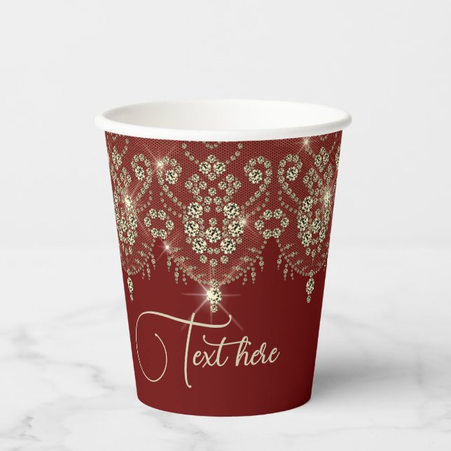 Burgundy red and gold lace elegant sparkle paper cups (Front)