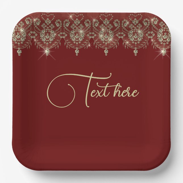 Burgundy red and gold lace elegant sparkle  paper plates (Front)