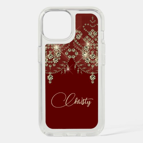 Burgundy red and gold lace elegant sparkle  iPhone 15 case