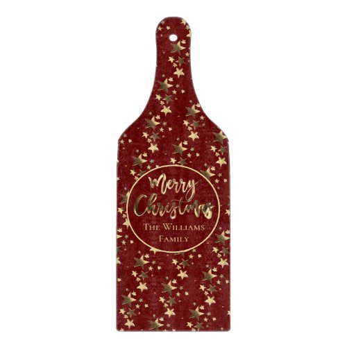 Burgundy Red and Gold Look Stars Merry Christmas Cutting Board