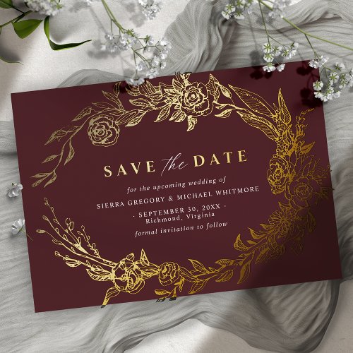 Burgundy Red and Gold  Luxe Floral Save the Date Foil Invitation