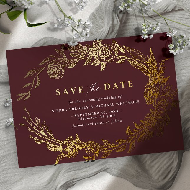 Burgundy Red and Gold | Luxe Floral Save the Date Foil Invitation (Creator Uploaded)