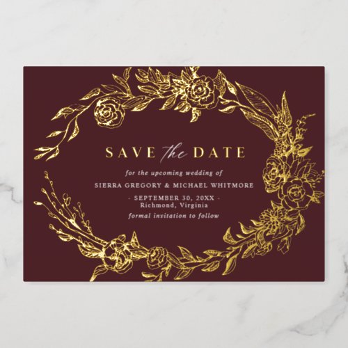 Burgundy Red and Gold  Luxe Floral Save the Date Foil Invitation