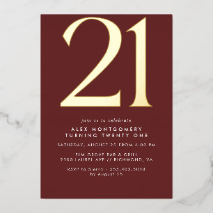 Burgundy Red and Gold Luxe Maroon 21st Birthday Foil Invitation