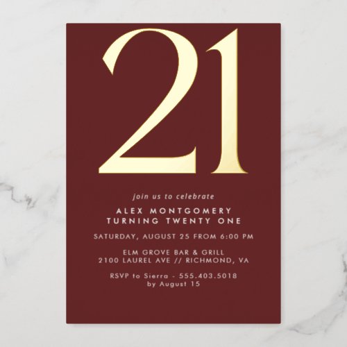 Burgundy Red and Gold  Luxe Maroon 21st Birthday Foil Invitation