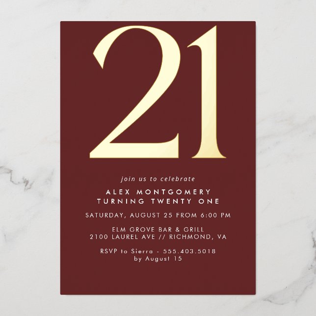 Burgundy Red and Gold | Luxe Maroon 21st Birthday Foil Invitation (Front)