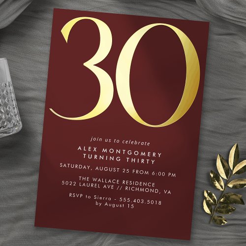 Burgundy Red and Gold  Luxe Maroon 30th Birthday Foil Invitation