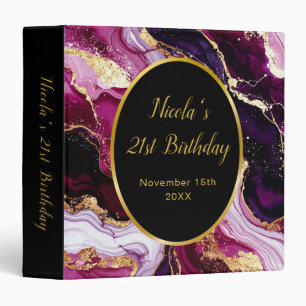 Burgundy Red and Gold Marble Agate Birthday Party 3 Ring Binder
