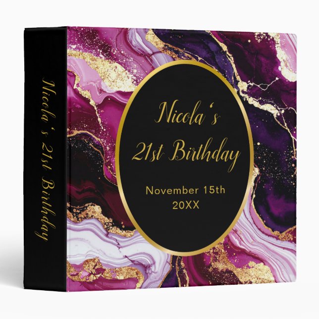 Burgundy Red and Gold Marble Agate Birthday Party 3 Ring Binder (Front/Spine)