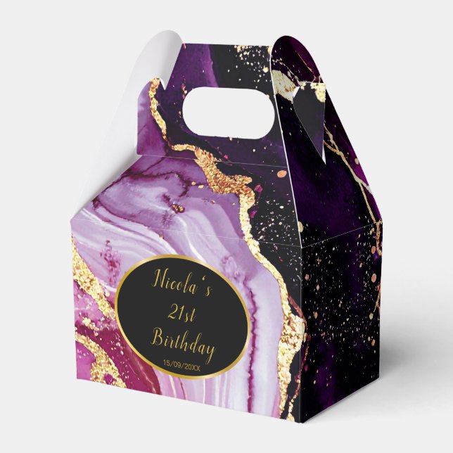 Burgundy Red and Gold Marble Agate Birthday Party Favor Boxes (Front Side)