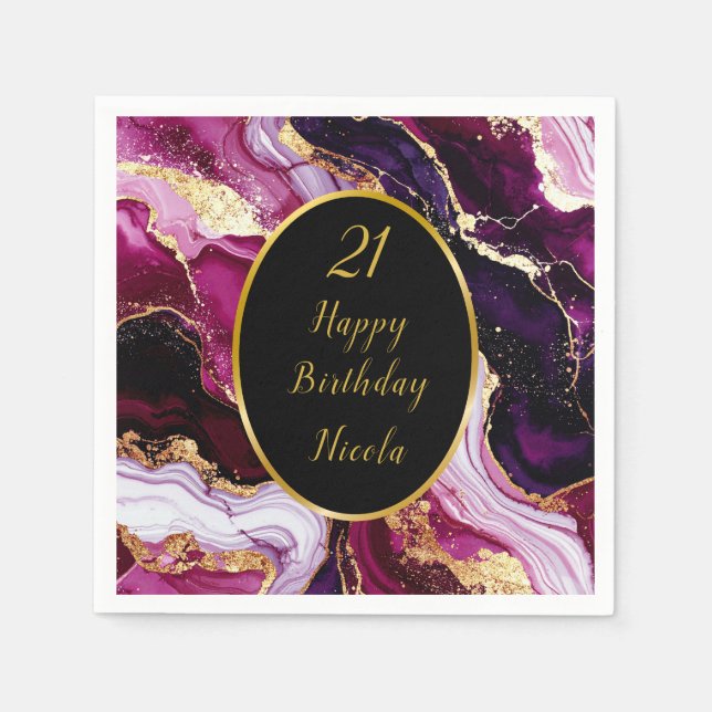 Burgundy Red and Gold Marble Agate Birthday Party Napkins (Front)