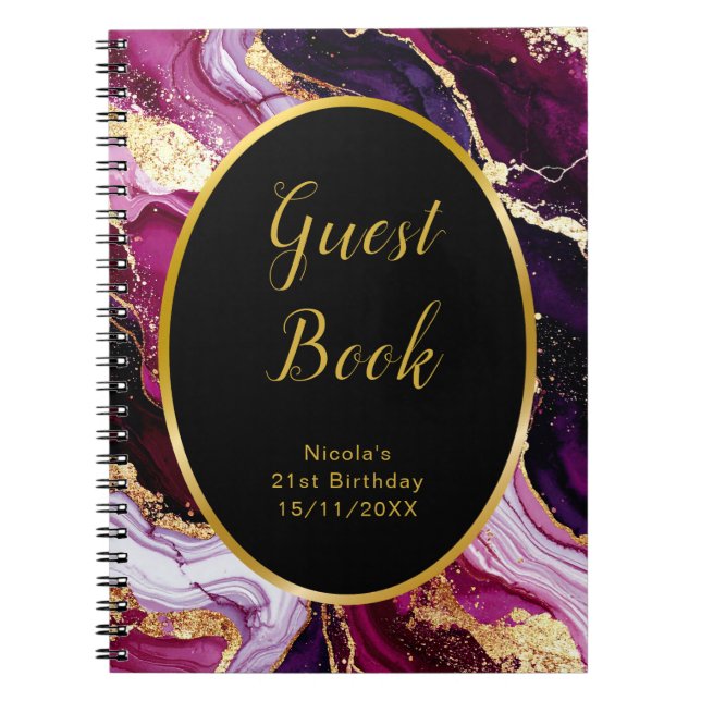 Burgundy Red and Gold Marble Agate Birthday Party Notebook (Front)
