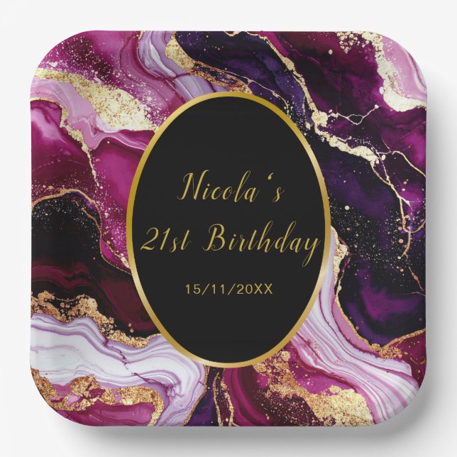 Burgundy Red and Gold Marble Agate Birthday Party Paper Plates (Front)