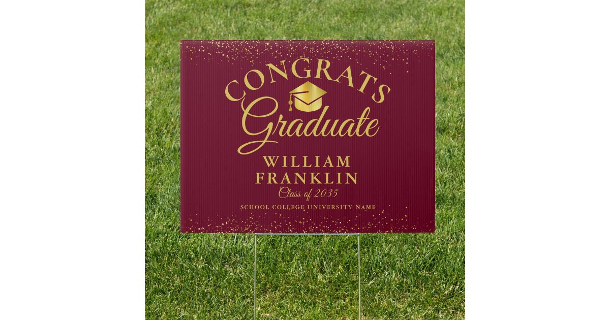 Burgundy Red And Gold Modern Graduation Sign | Zazzle