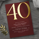 Burgundy Red and Gold | Modern Luxe 40th Birthday Foil Invitation<br><div class="desc">Modern minimal style 40th birthday invitations with heading "40" text in real metallic foil. Your event details are printed in matte white. Gold accents on a dark red background.</div>
