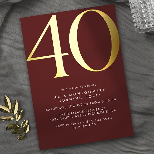 Burgundy Red and Gold  Modern Luxe 40th Birthday Foil Invitation
