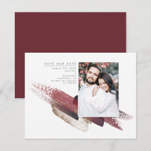 Burgundy Red and Gold Modern Save the Date Photo