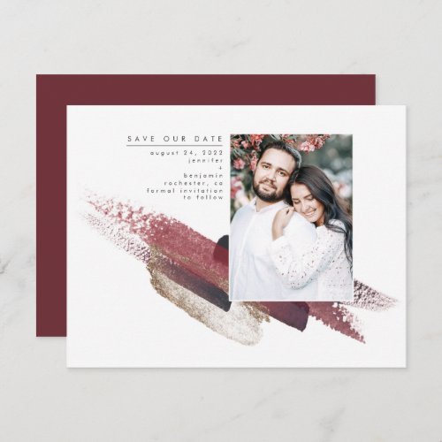 Burgundy Red and Gold Modern Save the Date Photo