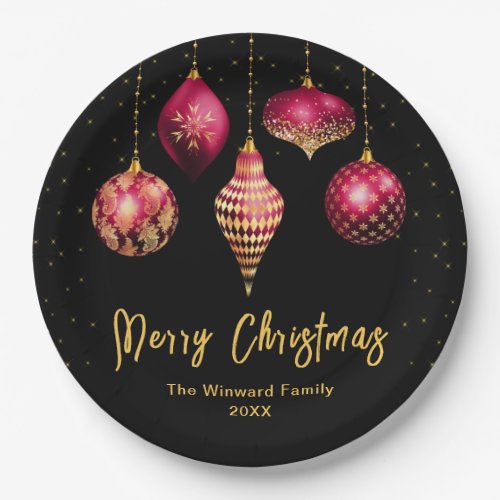 Burgundy Red and Gold Ornaments Merry Christmas Paper Plates